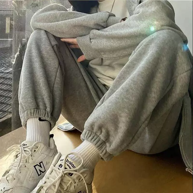 2025春季秋季新款灰色加绒束腰运动裤女加绒休闲宽松束脚九分裤