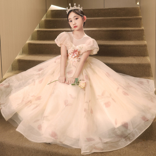 Bubble sleeve girl child dress princess skirt flower child wedding host sweet catwalk fluffy fabric children's performance dress