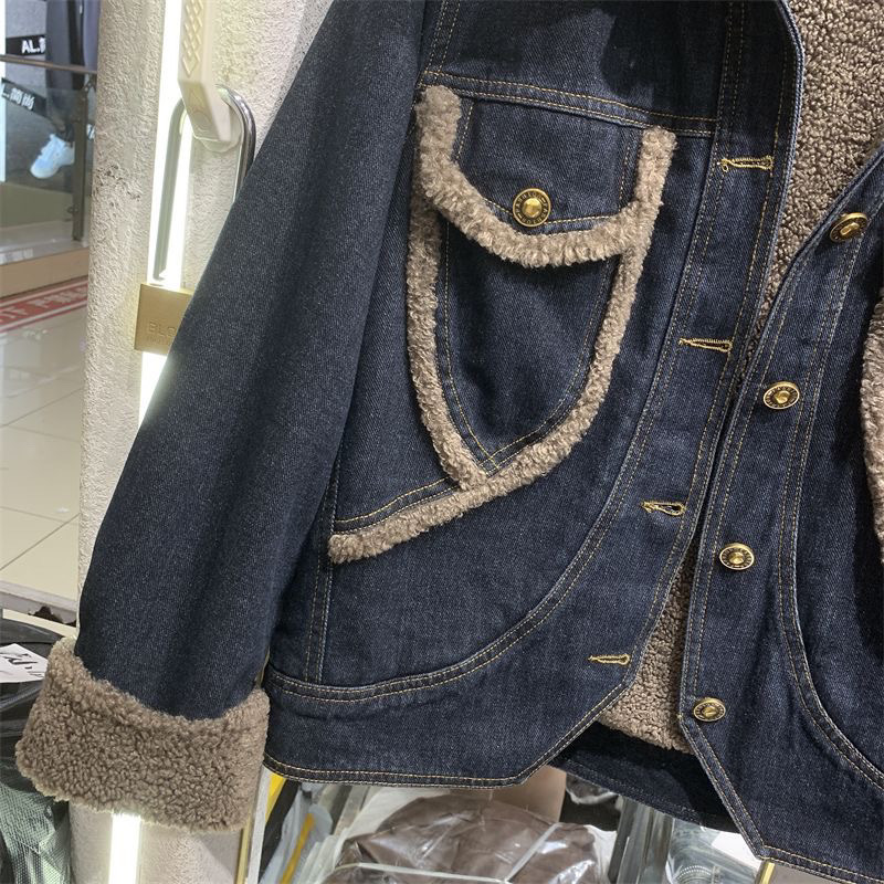 Women's Clothing lambswool thickened denim jacket lapel single breasted small long sleeved cotton jacket_voghion.com
