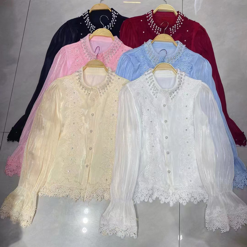 French-Style Chanel-Inspired Heavy Beadwork Lace Exquisite Design Shiny Satin Blouse Women's Shirt Trendy