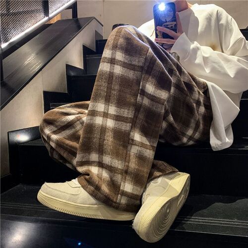 Spring and Autumn Brand Loose Wide-Leg Straight-Tube Pants with Drape, High-End, Versatile, Gritty-Hardcore Men's Woolen Plaid Casual Pants