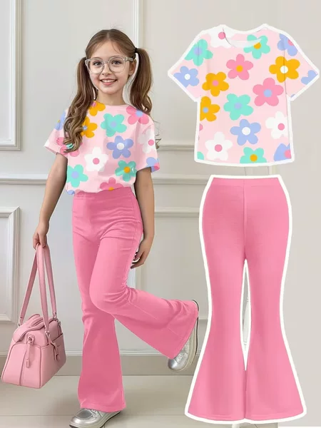 Cross-Border Wholesale Girls' Bell-Bottom Pants Set, Fashionable Short-Sleeved Long Bell-Bottom Pants for Girls in Spring, Summer, and Autumn for Outdoor Wear