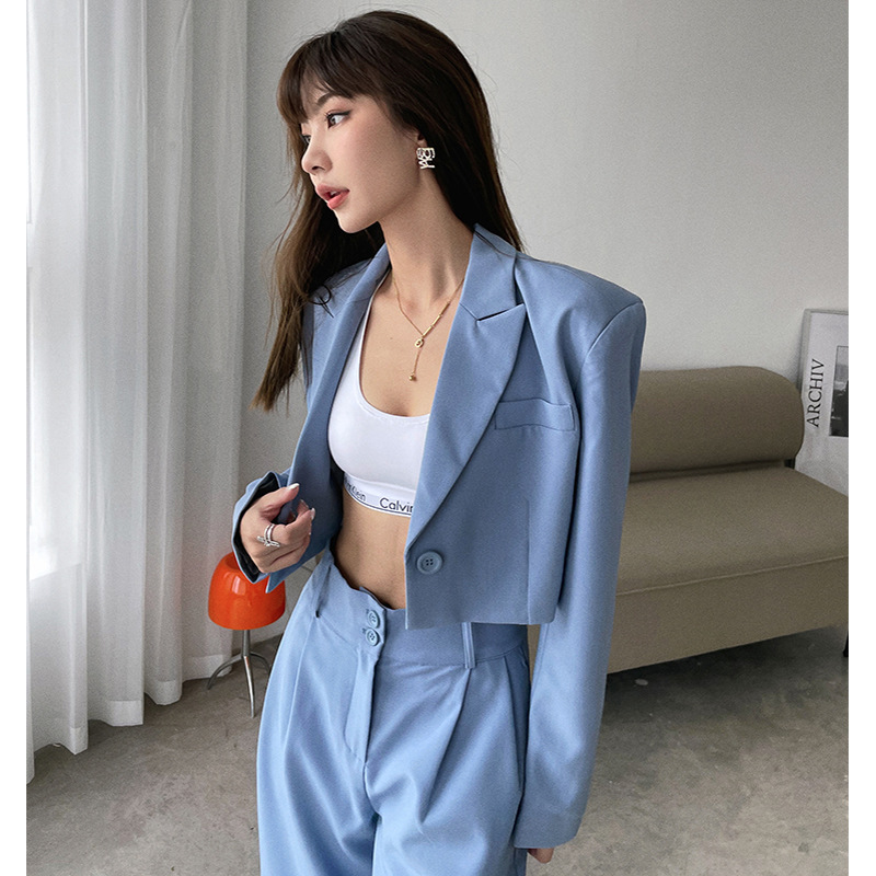 Women's Clothing 2024 autumn temperament short suit top + slim high waist drape suit pants for women_voghion.com