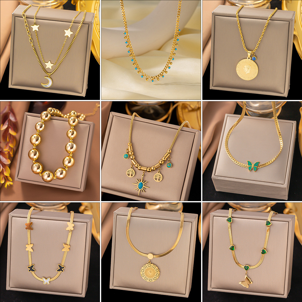 1 Piece Quantity PVD Coated Real Gold Plated Round Water Droplets Butterfly Titanium Steel Sweet Classic Style Waterproof Non Tarnish Layered Necklaces Pendant Necklace