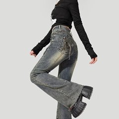 跨境专供复古蓝微喇牛仔裤女春季2025新款蝴蝶结高腰显瘦喇叭裤子