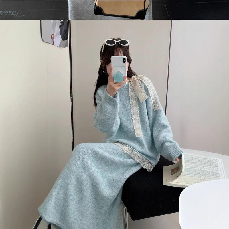 法式温柔风套装针织裙女秋冬大码胖mm蕾丝拼接毛衣半身裙两件套装|undefined