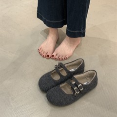 复古双排扣毛呢平底玛丽珍鞋女2025新款冬季加绒毛毛鞋保暖棉鞋子