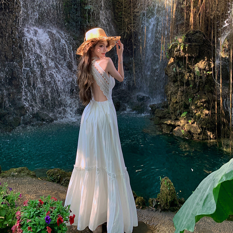 Chiang Mai, Thailand Travel Sexy Backless White Spaghetti Strap Dress for Women, Waist-Cinching Elegant Beach Photo Shoot Long Dress