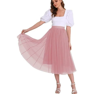 Women’s Tulle Skirts Midi Elastic High Waist Pleated Mesh F