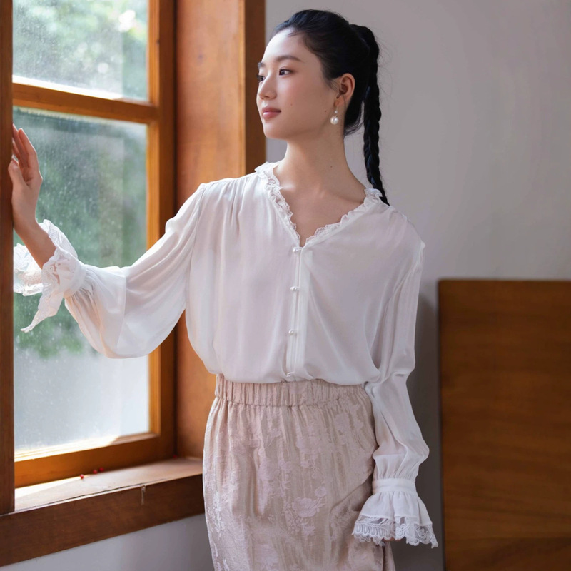 Nanyou Light Luxury High-End Women's Summer Thin Pearl Button Fairy Lace Long Sleeve Shirt Blouse Wholesale
