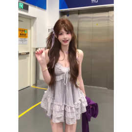 法式甜美紫色碎花吊带背心女夏荷叶边设计感绑带v领辣妹无袖上衣