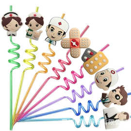 卡通医护人物装饰吸管贴片PET螺旋吸管跨境批发亚马逊热卖吸管