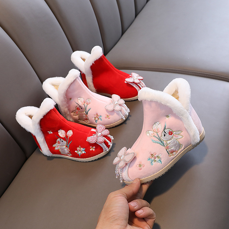 Girls padded thickening princess fairy Hanfu shoes winter children embroidered shoes snow boots small rabbit ancient wind performance shoes