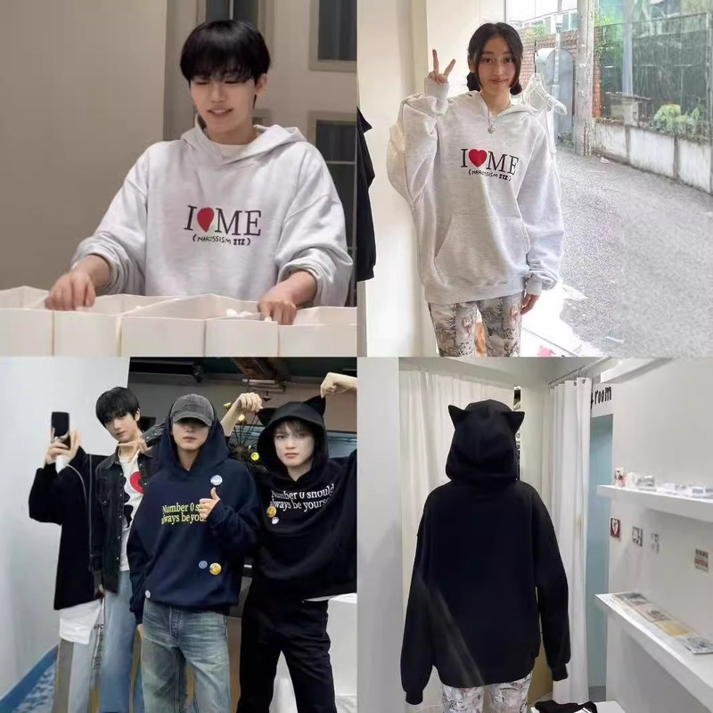 (Qiqi) South Korea Luo Min Photography Exhibition 2 Peripheral Letters Cat Ears Hooded Sweatshirt Trendy Men and Women Loose