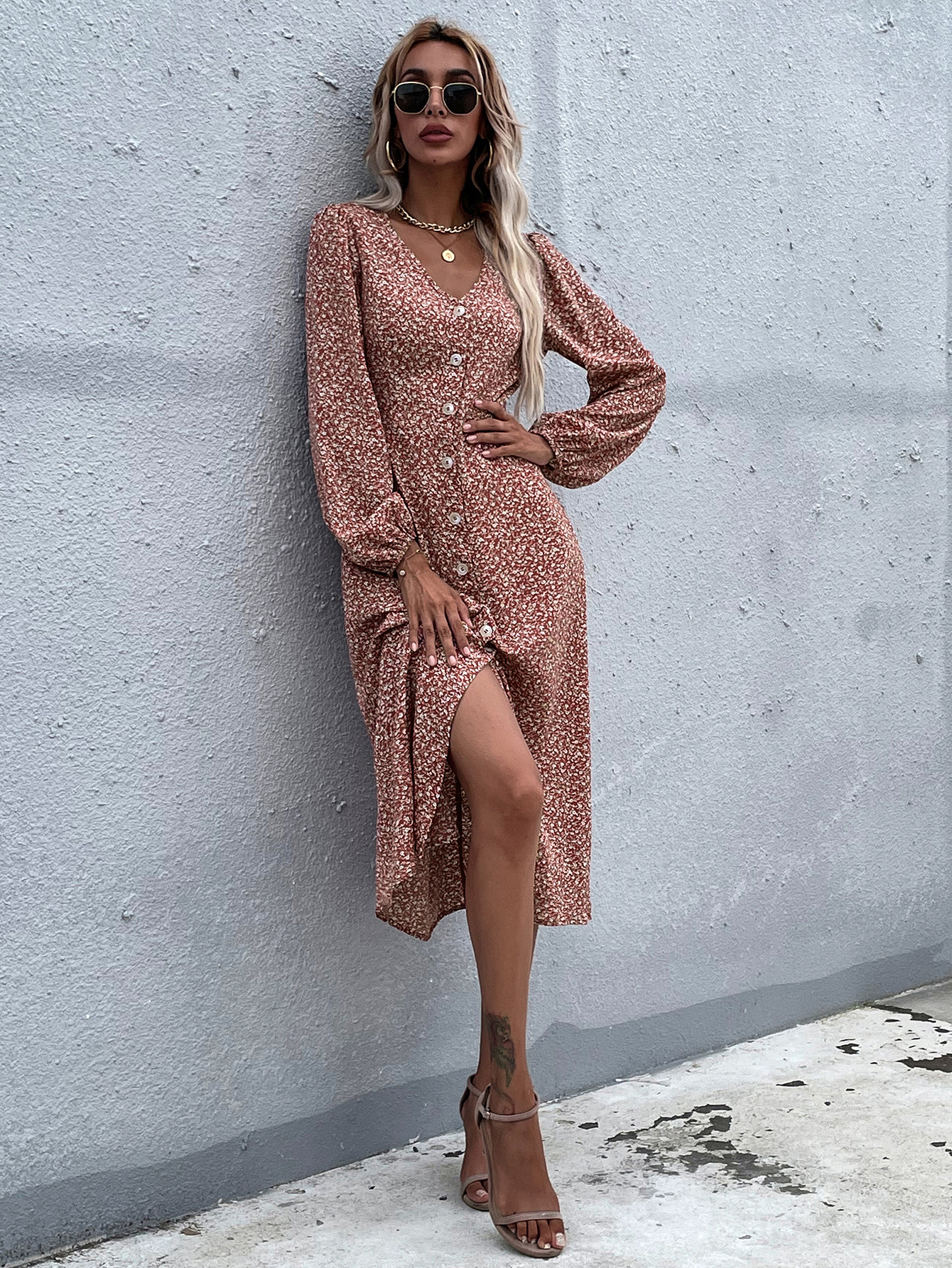 Floral V-Neck Long-Sleeved Slim Dress NSJM79781