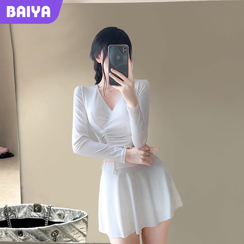 Bañador de mujer de manga larga, color sólido, cuello en V, protector solar de tres piezas, vestido conservador, delgado, abdomen pequeño, traje de baño.