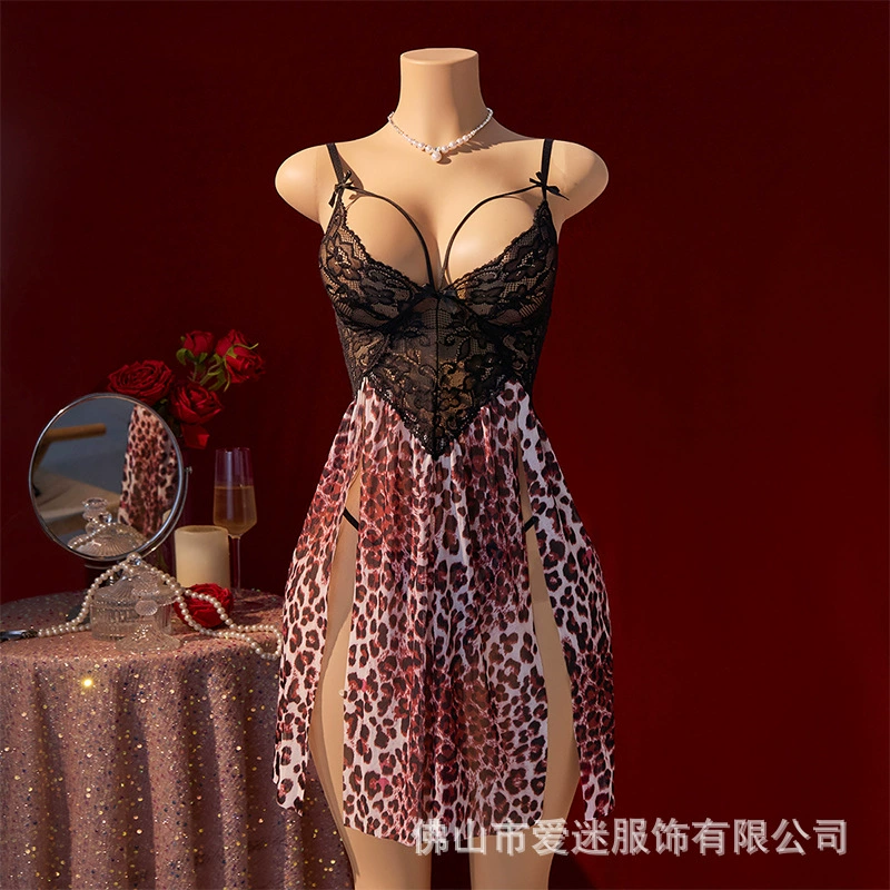 Сексуальные пижамы для женщин с леопардовым принтом, летний новый стиль 2025, прозрачные, с открытой спиной, сексуальные подвязки, сексуальная ночная рубашка 25026