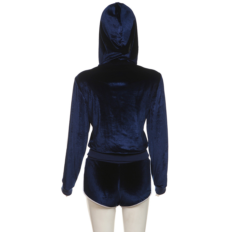 Autumn Winter Slim Embroidered Zipper Hoodie Coat High Waist Shorts Sets