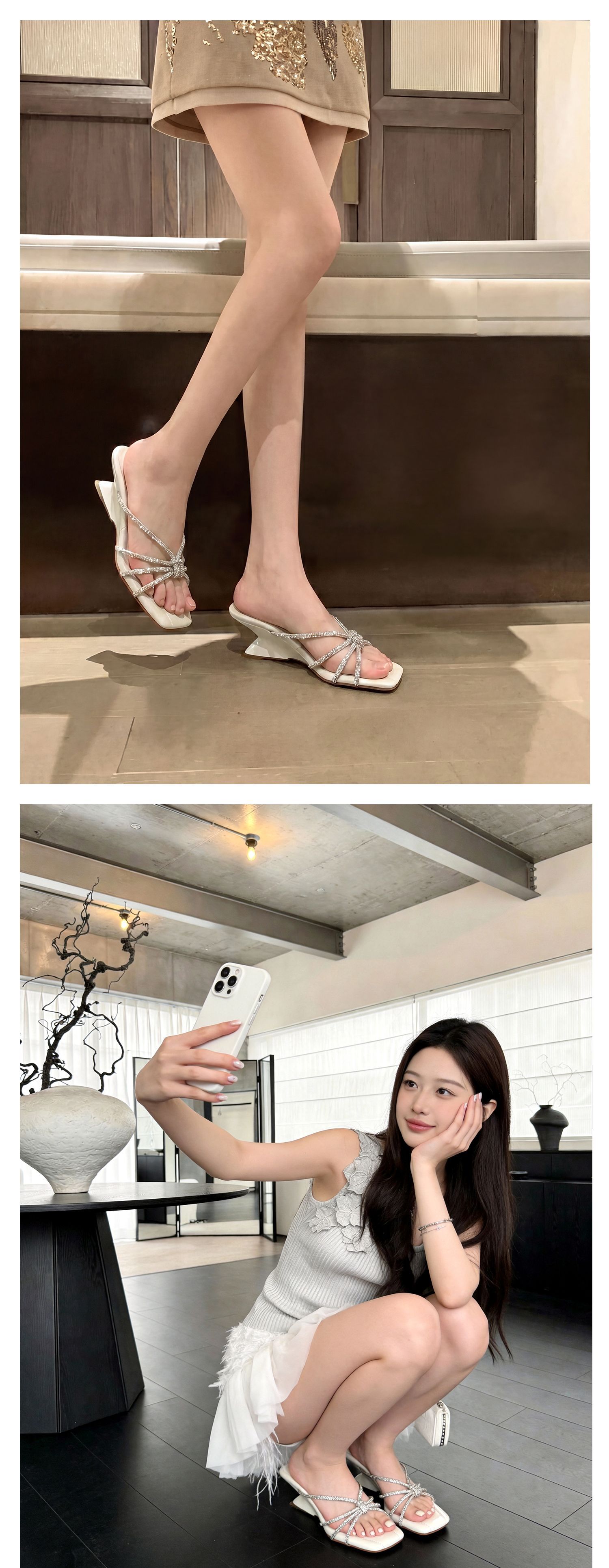 Sandal cao gót nữ mũi vuông quai ngang đính đá pha lê gót xuồng 9 cm — màu đen, màu trắng ngà, màu nude chi tiết 33