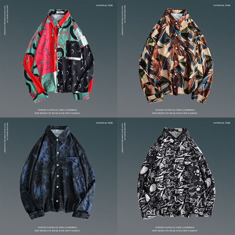 Spring Vintage Flower Shirt Men's Korean-style Fashionable All-match Loose Long-sleeved Shirt Distinctive Hong Kong-style Couple's Top Jacket