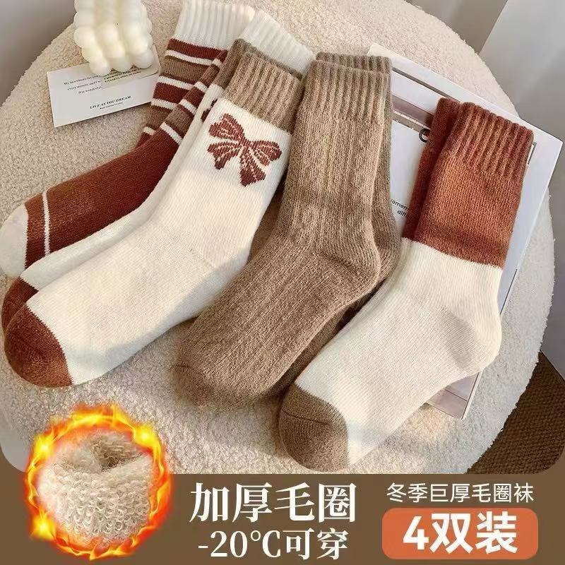 蝴蝶结冬季潮袜中筒袜加厚中筒袜秋冬甜美蝴蝶结保暖毛圈袜袜子女|undefined