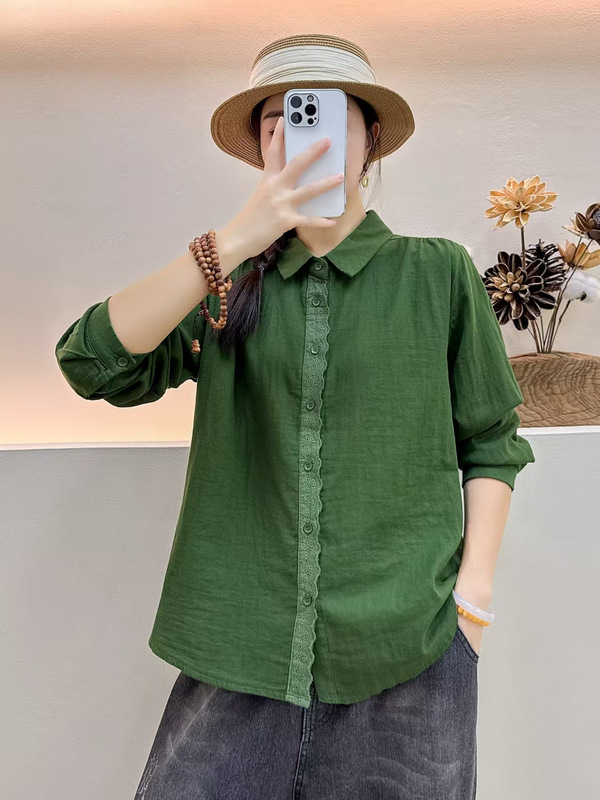 2025秋季新款双层棉纱长袖衬衫女文艺复古宽松纯色百搭打底衬衣女|undefined