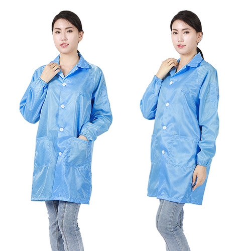 Factory Cleanroom Food and Pharmaceutical Factory Men and Women Work Uniform Blue and White Dustproof Protective Blouse with Collar and Buttons Overcoat