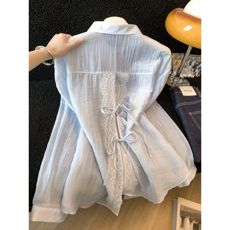 Blue Lace Bowknot Slit Sun Protection Shirt for Women, Summer Thin Long-Sleeve Cardigan Jacket, Tencel Top