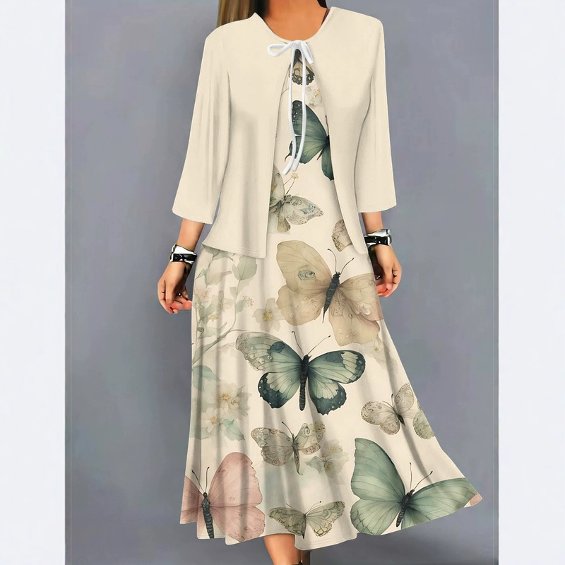 Pink three-quarter sleeve cardigan two-piece dress for women, vintage rose print, V-neck, mid-length, large hem skirt, plus size