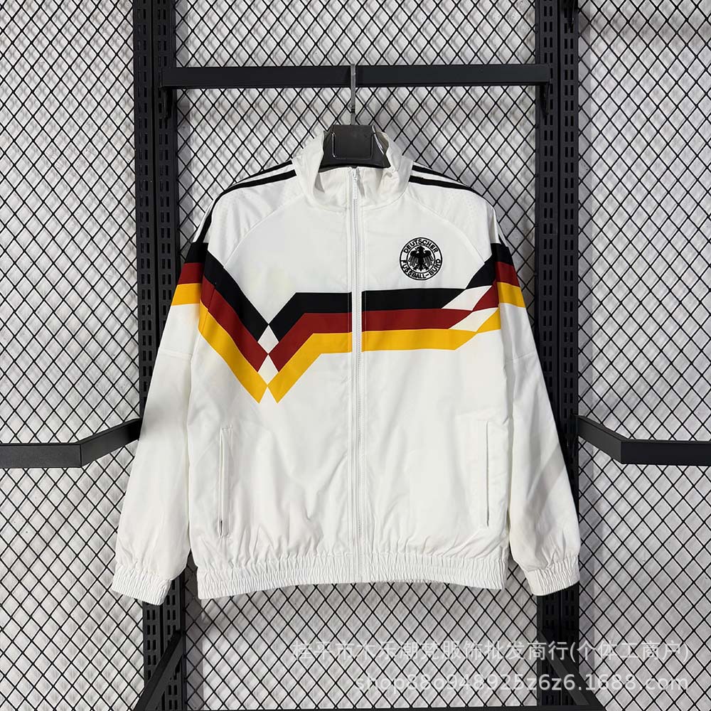 1990 German home team white retro-style double-layer jacket with embroidery, football training and sportswear