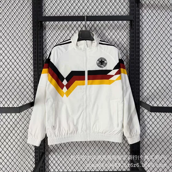 1990 German home team white retro-style double-layer jacket with embroidery, football training and sportswear