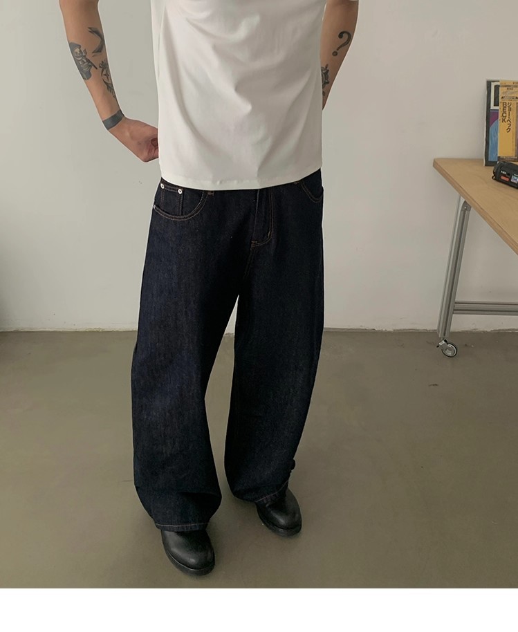 Men's Retro Style Straight Leg Jeans Original Color Paris Button Washed Loose Wide Leg Floor Length Trousers_mkmklike.com