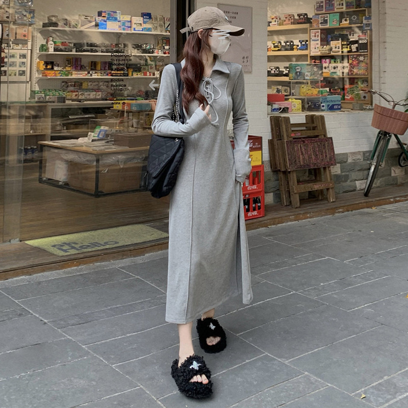 Polo Collar Grey Long-sleeved Knitted dress Women's Autumn and Winter Base Coat Slim-fit Sweater Long Skirt with Ankle