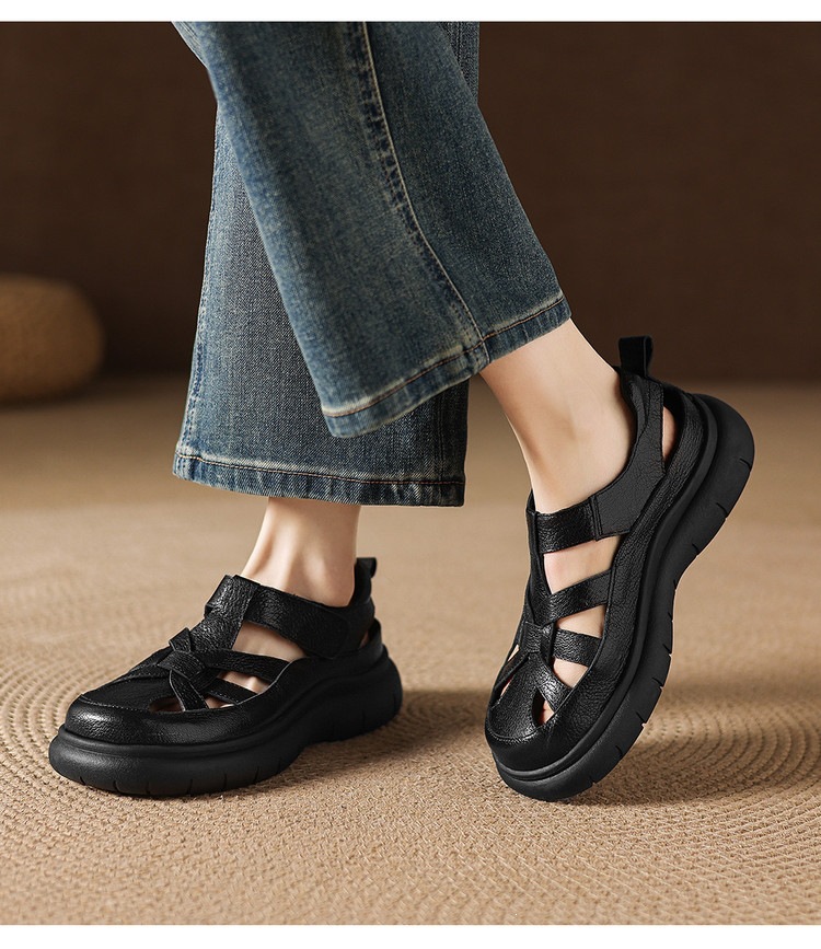 Sandal nữ đế dày da cừu phối quai ngang phong cách học đường — màu đen, màu trắng ngà chi tiết 15