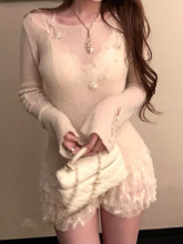 巴黎山茶 重工钉珠羊毛针织衫秋设计感破洞修身上衣女