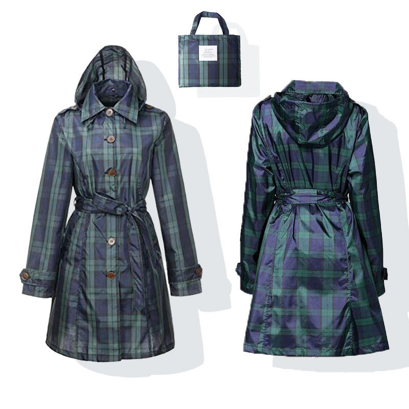 Customized British-Style Houndstooth Plaid Raincoat for Adults, Women's Model with Belt and Zipper, Fashionable Long Trench Coat Customized British-Style Houndstooth Plaid Raincoat for Adults, Women's Model with Belt and Zipper, Fashionable Long Trench Coat