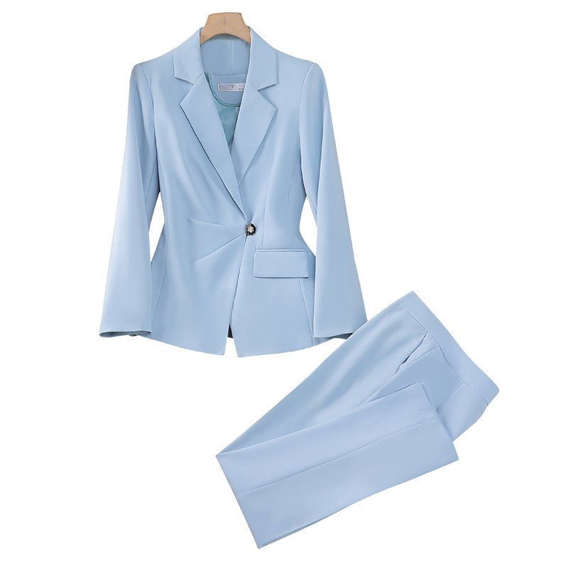 Women's Blue Slim Fit Professional Suit Set - Elegant Blazer & Pants For Office & Formal Occasions_voghion.com