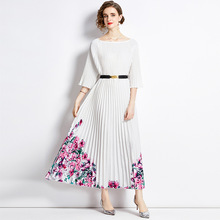 9208实拍夏季新款女装文艺风复古印花中袖圆领百褶大摆长裙连衣裙