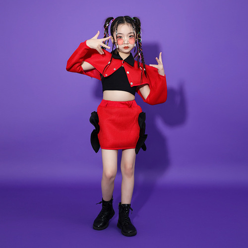 Girls kids red hip-hop street dance costumes gogo dancers fashion girls model show runway personality dance performance outfits