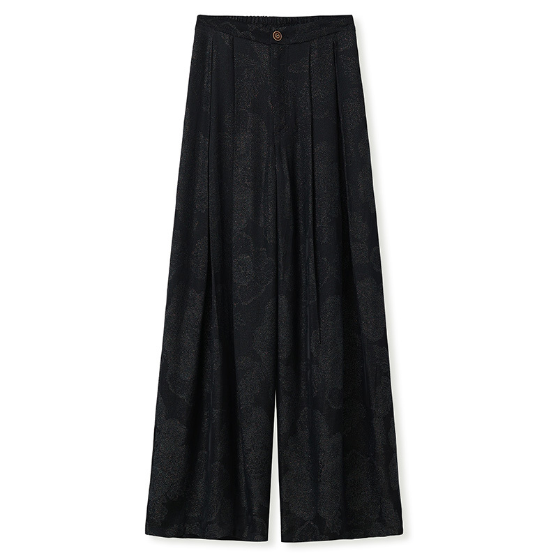 Quần ống rộng nữ phong cách Trung Hoa mới, chất rayon dệt vàng satin rủ — đen, Màu trắng nhạt, màu vàng