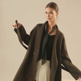 跨境 来西 双面呢大衣双排扣长款手工外套气质款休闲慵懒百搭时尚