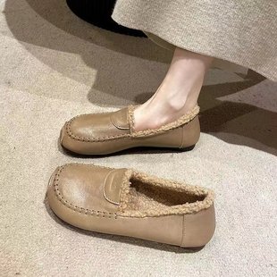 Mao Mao Shoes Women's Winter fleece-lined 2024 New All-match Flat Bean Shoes Warm and Comfortable Slip-on Cotton Shoes