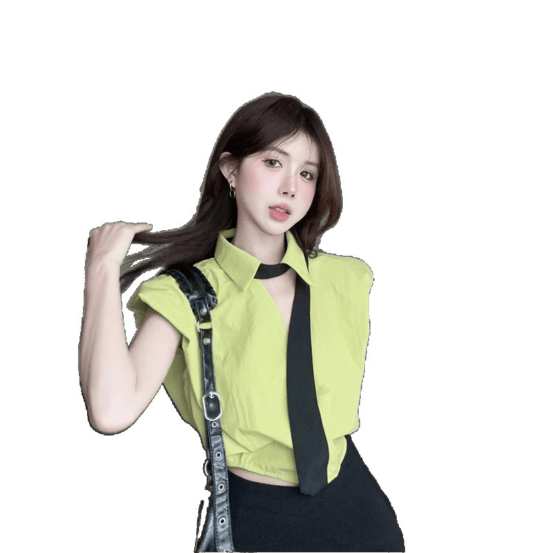 2024 新しい夏の女性の韓国スタイルのコントラストカラー小さな V ネック曲がった襟ノースリーブショートシャツデザインシャツ|undefined