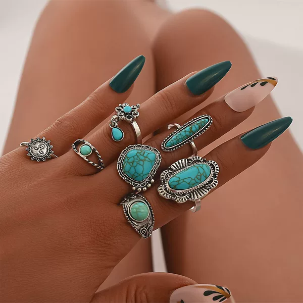 Cross-border hot new combination ring Europe and the United States retro personality turquoise 7 suit ring jewelry women wholesale