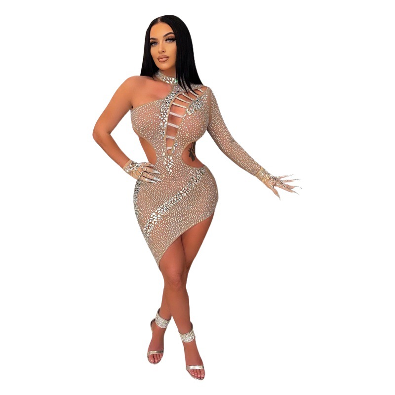 C562 AliExpress moda europea y americana sexy nightclub rhinestone caliente un hombro slant collar hueco backless vestido irregular image 1