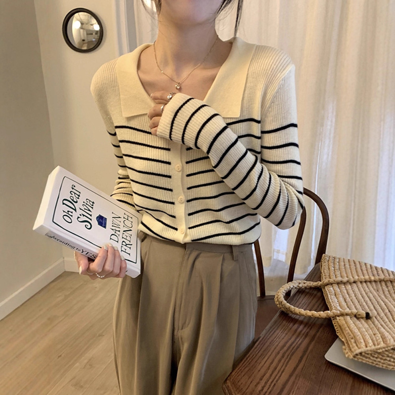 Polo Collar Stripesd Sweater 2025 Early Spring New Women's Slim Fit Inner Knitted Cardigan Jacket Top
