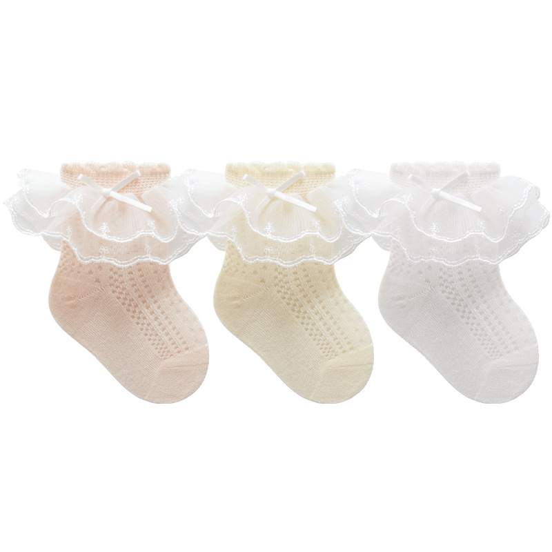 2024 verano nuevas niñas calcetines malla delgada bebé deshuesado bebé arco princesa encaje media pantorrilla Calcetines