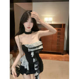 实拍现货     美式复古蕾丝花边抹胸背心女夏露肩挂脖上衣