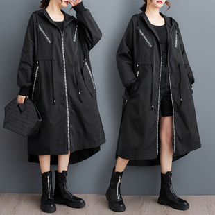 Real Shot 2025 Spring and Autumn New Loose Slimming Hooded Mid-length Coat All-match Casual Printed Long Coat
