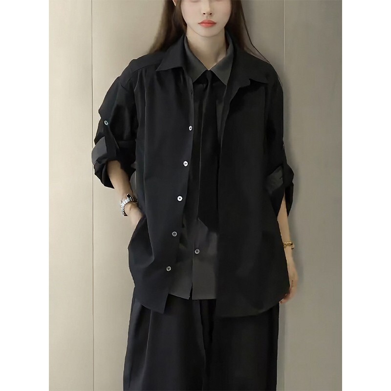 Fake Two-Piece Black Shirt Jacket for Men and Women, Autum New Niche High-End Shirt with Tie Suit Top